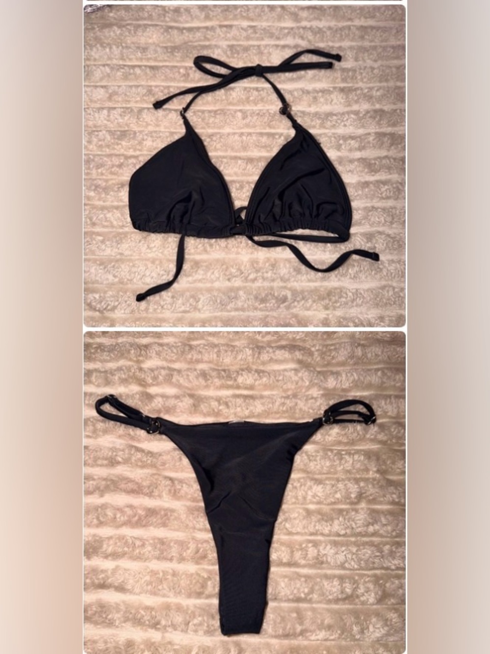 Black Women's Triangle Bikini Set with Silver Heart Hardware